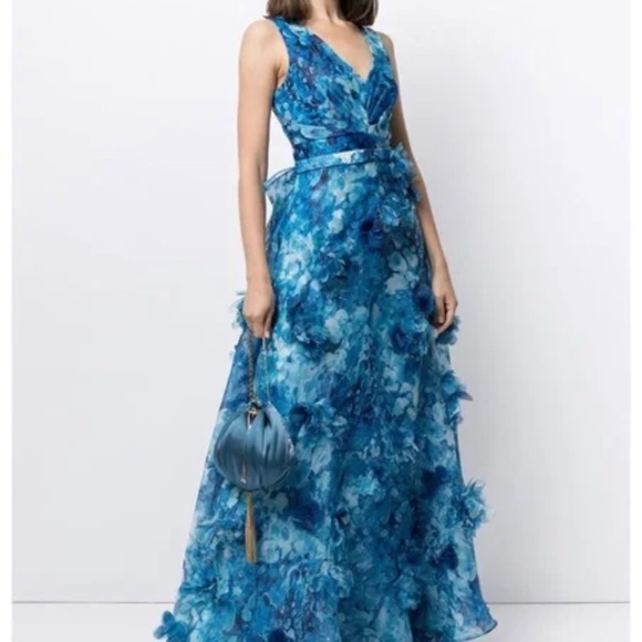 Marchesa Notte VNeck Printed Organza 3D Appliques Gown Blue Multi - Picture 1 of 9